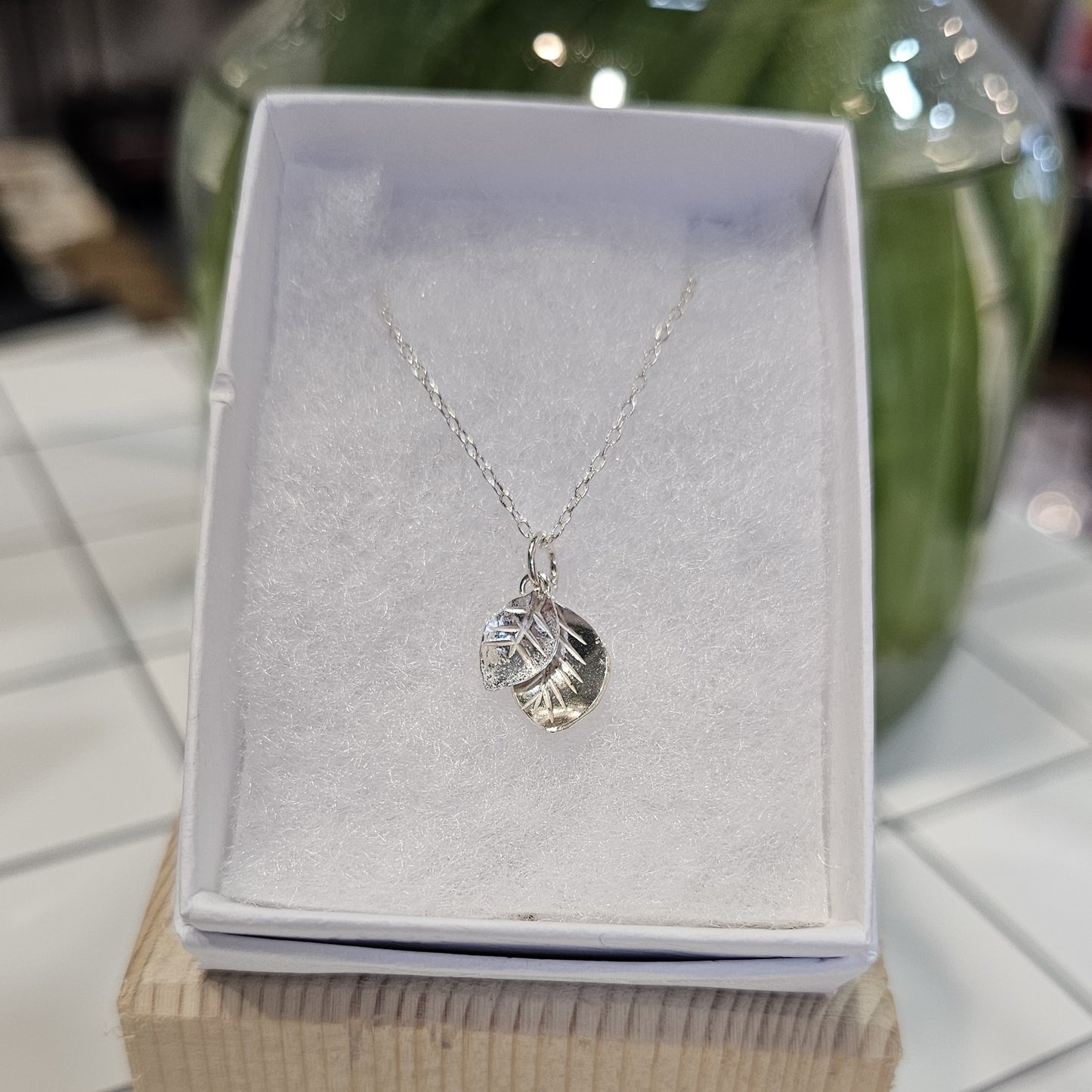 Sterling silver double leaf pendant necklace handmade in Perthshire by Diana King Jewellery
