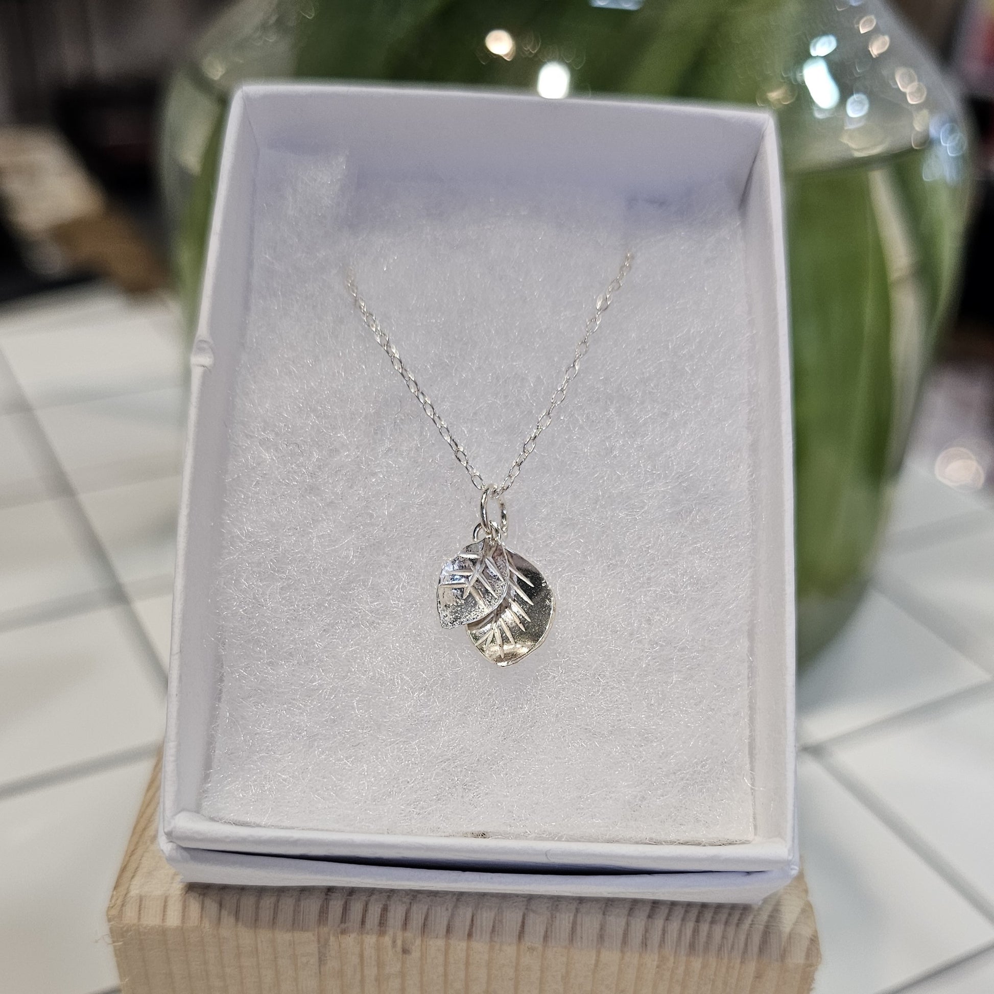 Sterling silver double leaf pendant necklace handmade in Perthshire by Diana King Jewellery