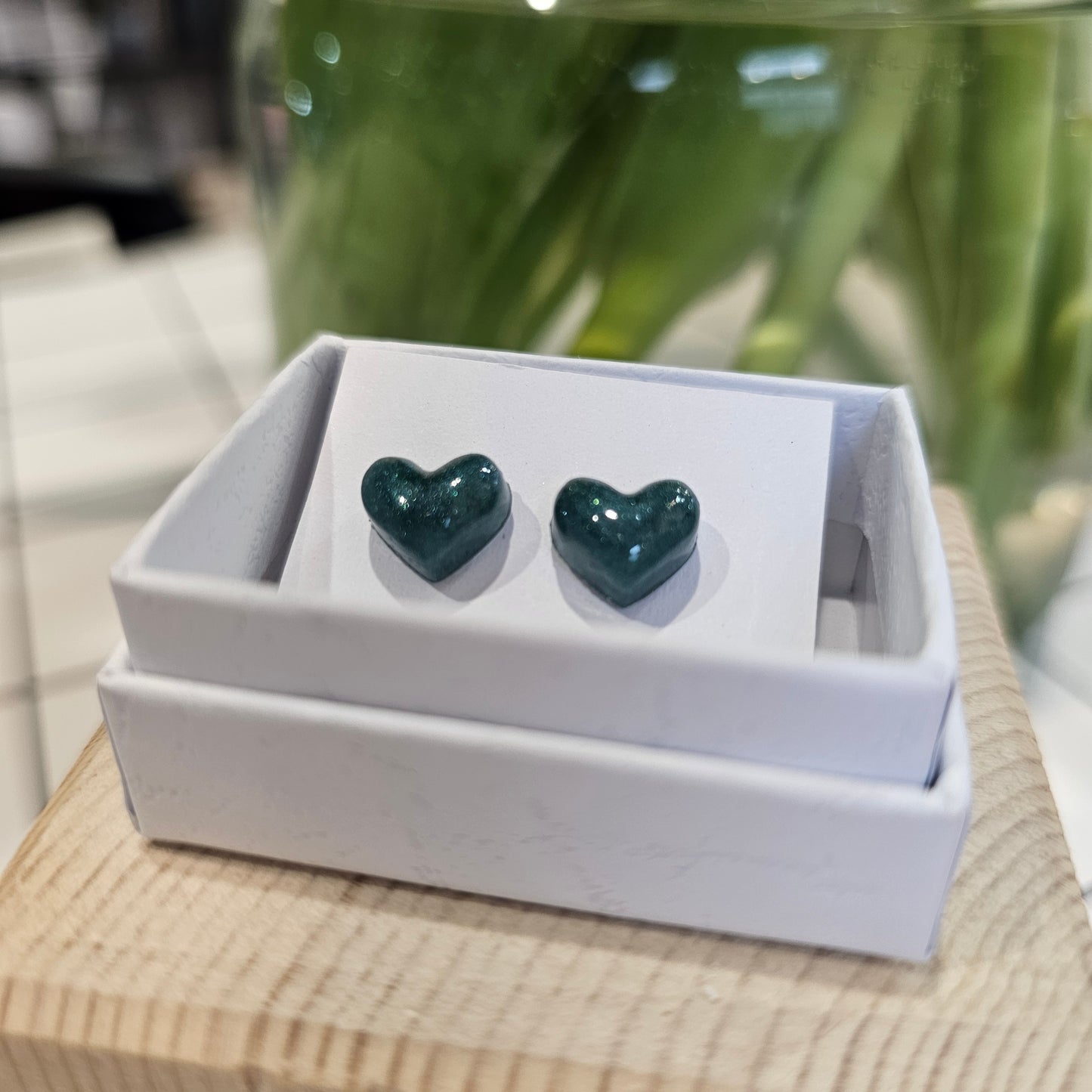 TEAL GREEN PUFF HEART STUDS