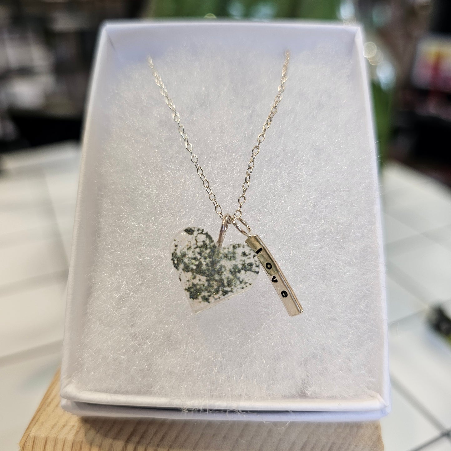 MERMAID GREEN SPECKLE FLAT HEART TAG NECKLACE