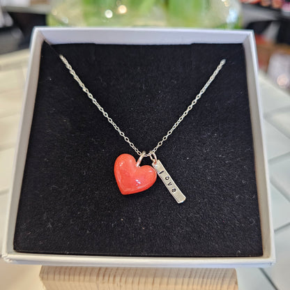 FIRE RED HEART RESIN TAG NECKLACE