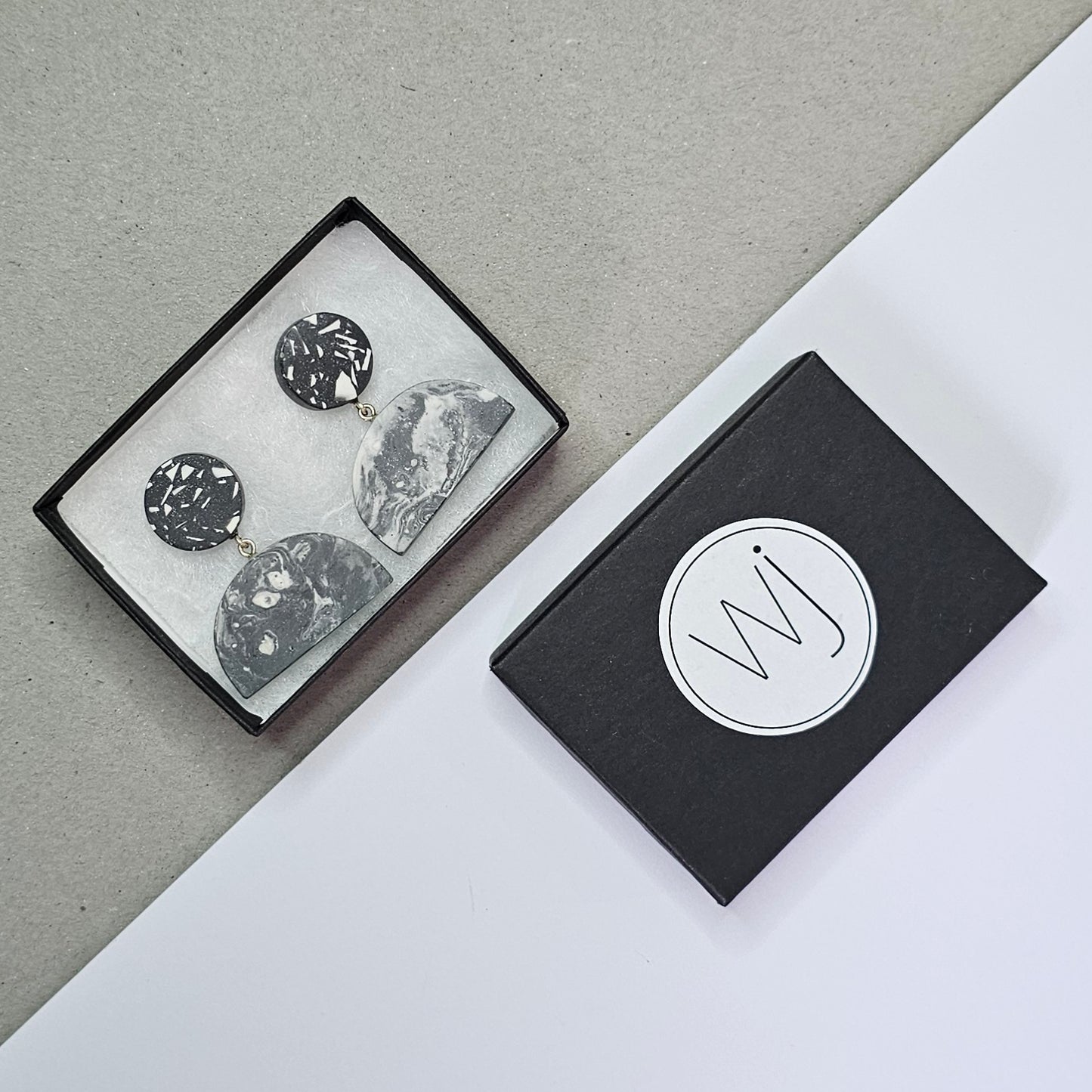 TERRAZZO DROP ARCH EARRINGS - BLACK SWIRL