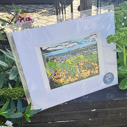 Mounted lino print view of River Tay from the Dundee Law by BeeBirds 