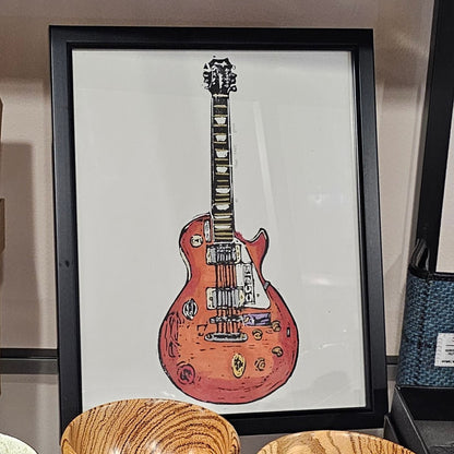 Colourful lino print artwork by Bee Birds titled 'Time Flies', featuring a design inspired by musical themes and an Oasis guitar.