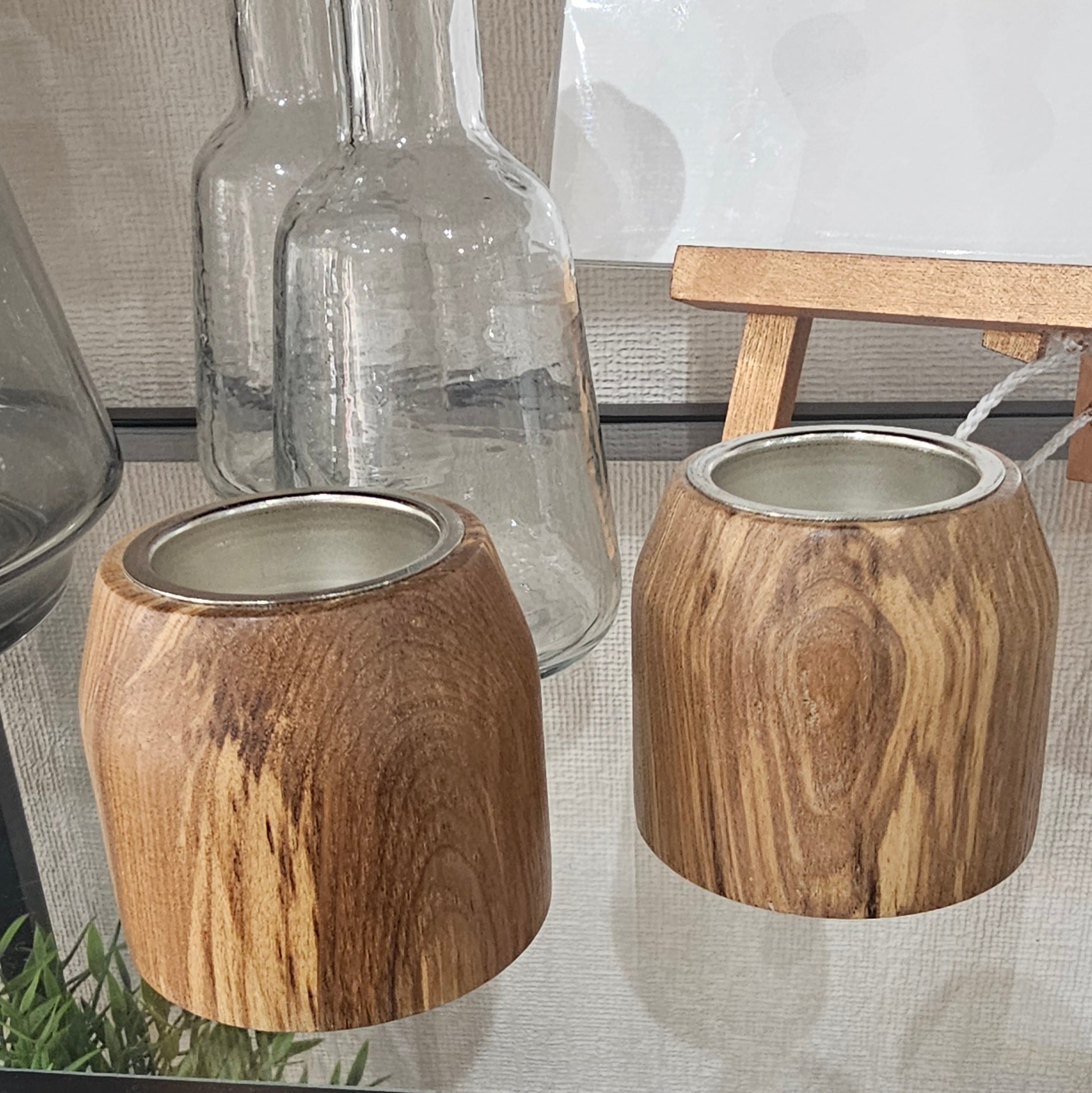 Handmade reclaimed wood tealight holder in rustic round tapered design