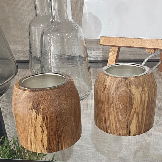 Handmade reclaimed wood tealight holder in rustic round tapered design