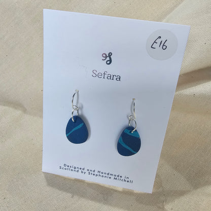 Pair of handmade polymer clay hook earrings – lightweight blue striped design by Sefara Jewellery