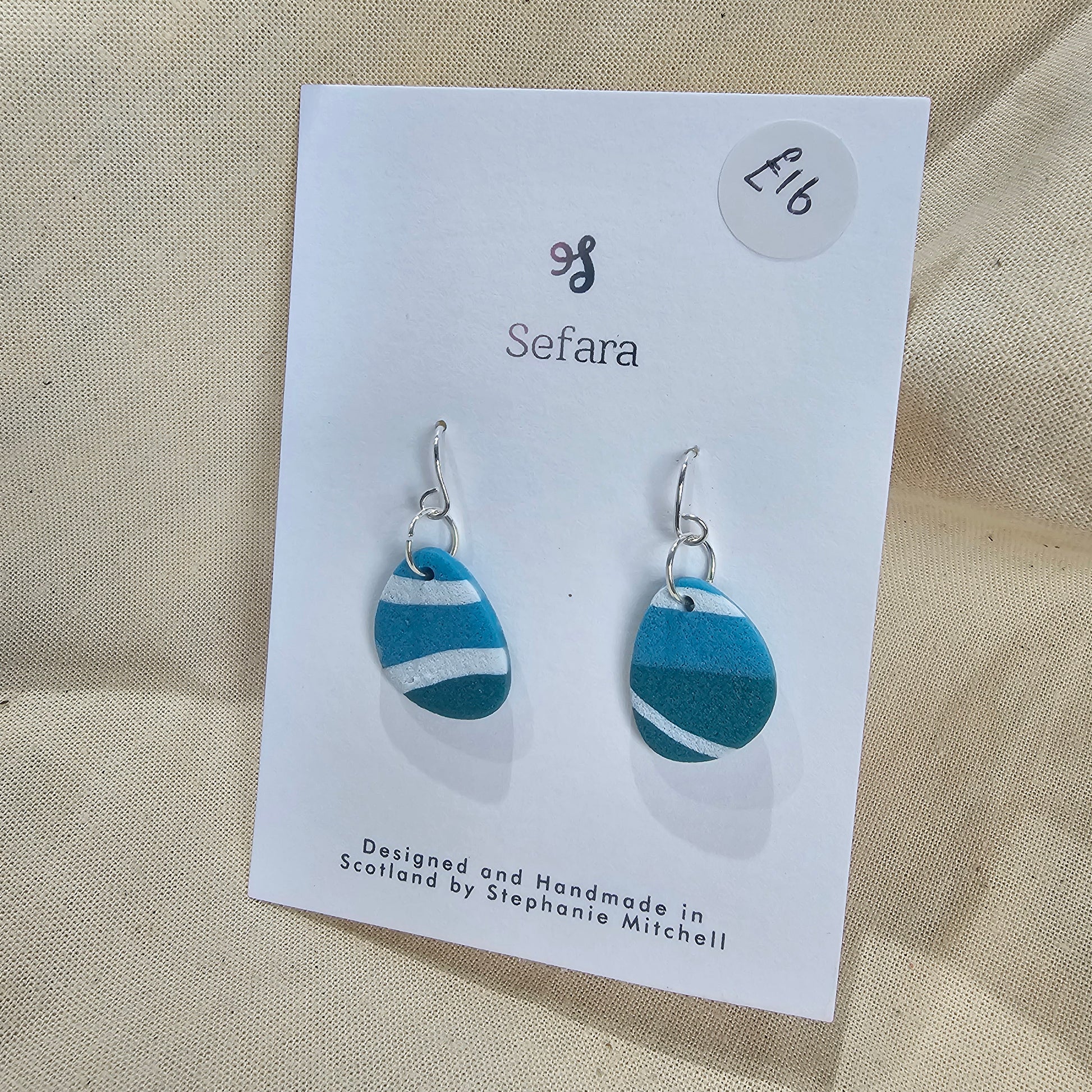 Pair of handmade polymer clay hook earrings – lightweight nautical striped design by Sefara Jewellery