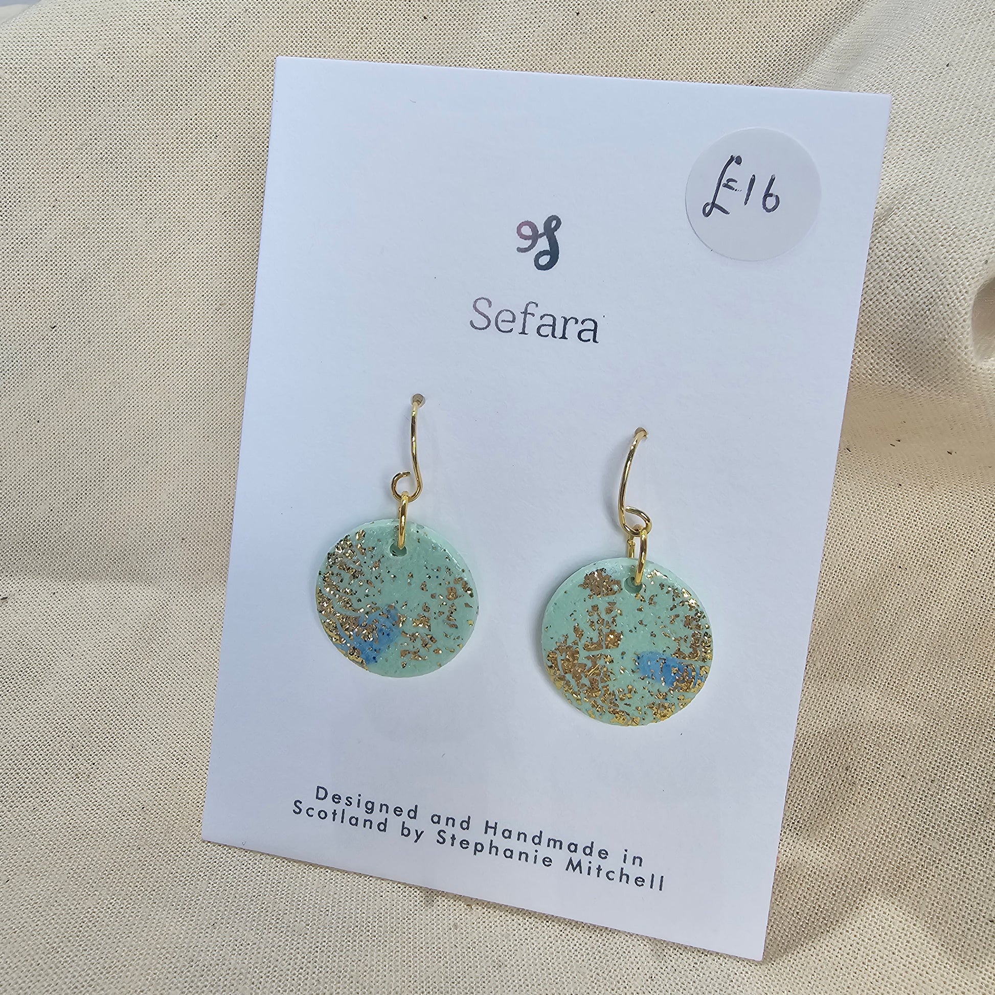 Pair of handmade polymer clay hook earrings – lightweight aqua sparkle design by Sefara Jewellery