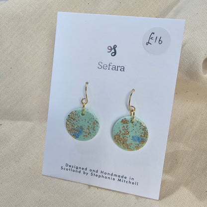 Pair of handmade polymer clay hook earrings – lightweight aqua sparkle design by Sefara Jewellery