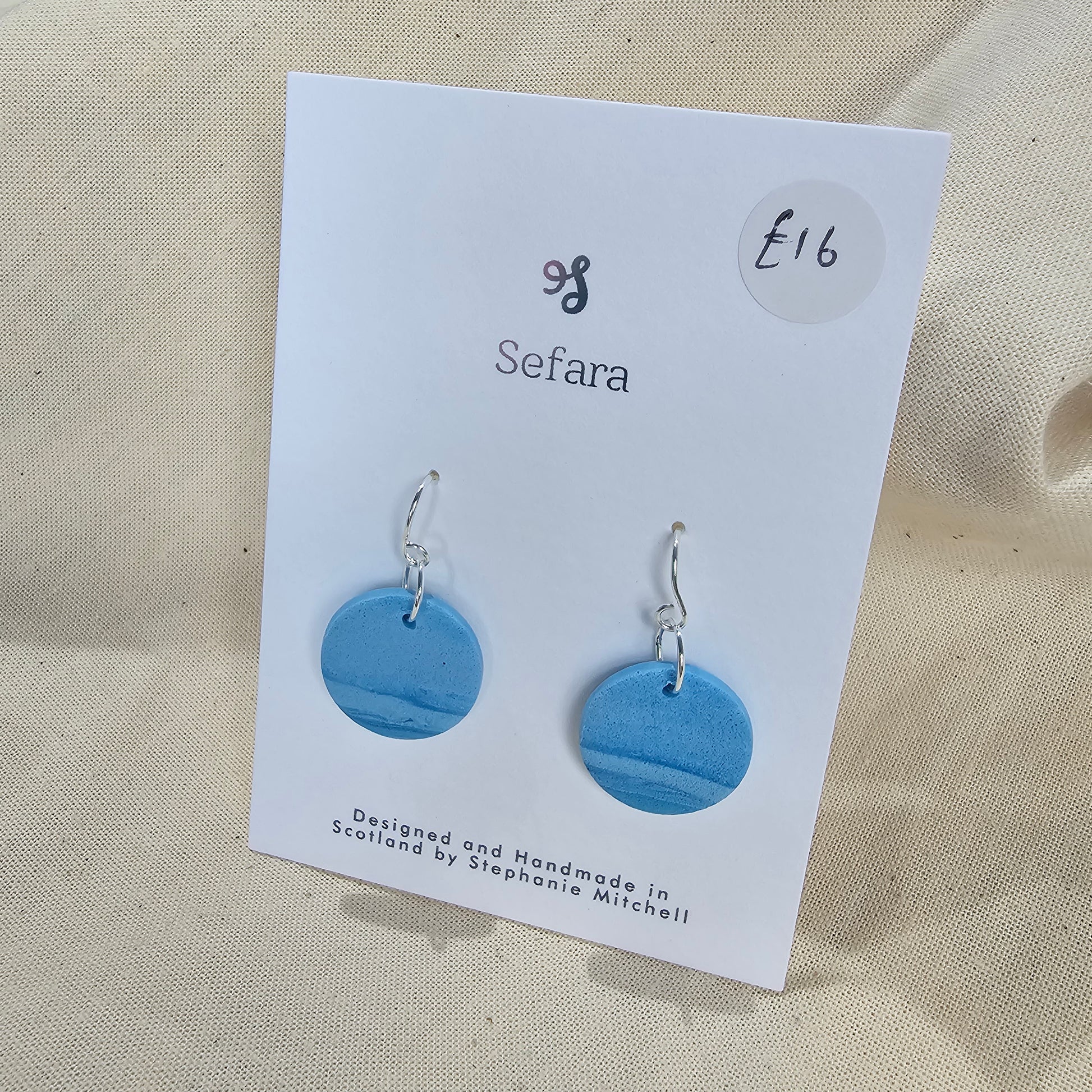 Pair of handmade polymer clay hook earrings – lightweight blue nautical design by Sefara Jewellery
