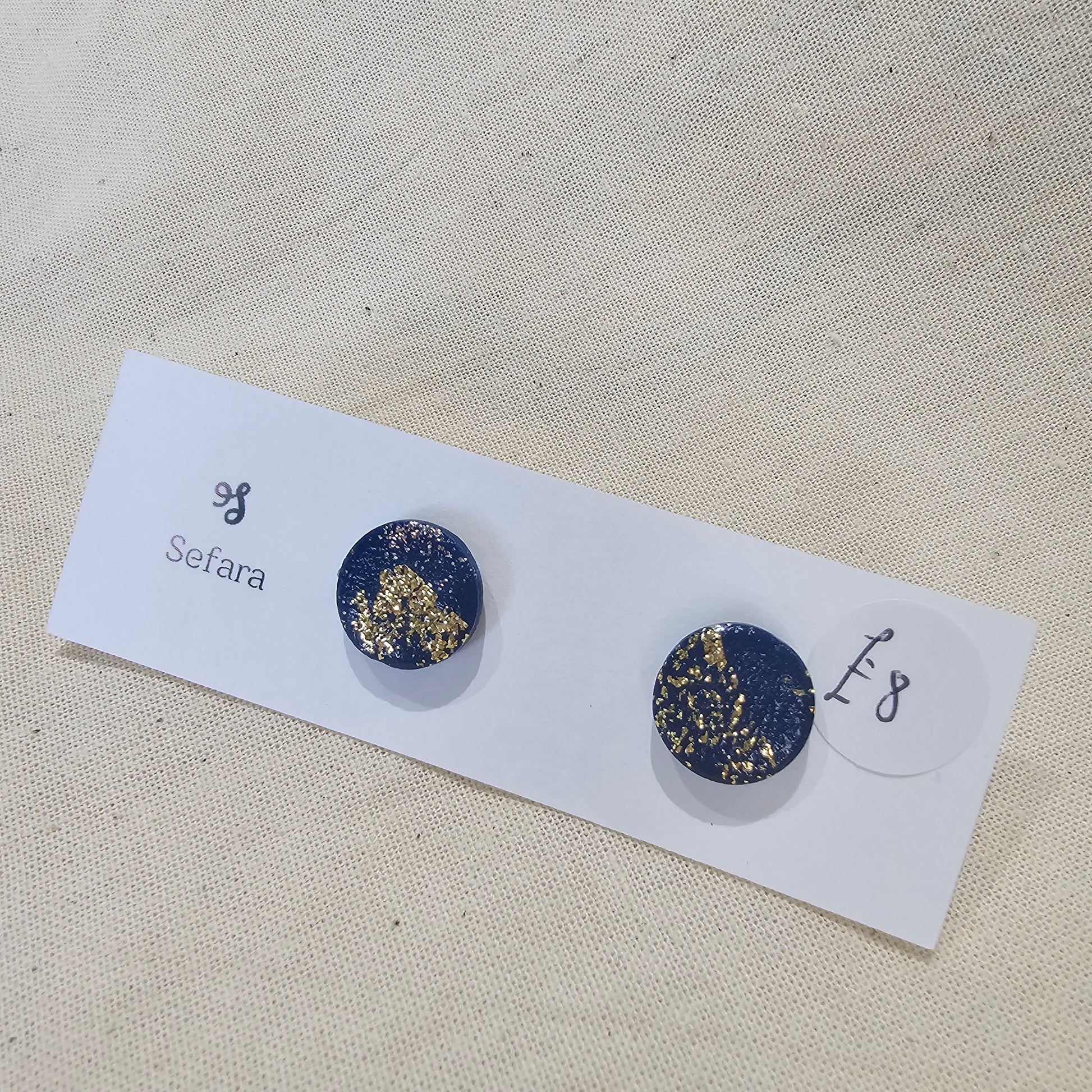 Handmade polymer stud earrings – lightweight navy bronze and gold design by Sefara Jewellery