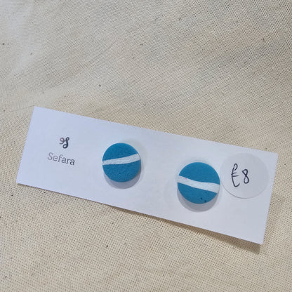 Handmade polymer stud earrings – lightweight aqua stripe design by Sefara Jewellery