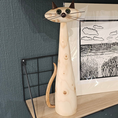 Handmade tall wooden cat figure in extra-large crafted from reclaimed Christmas tree