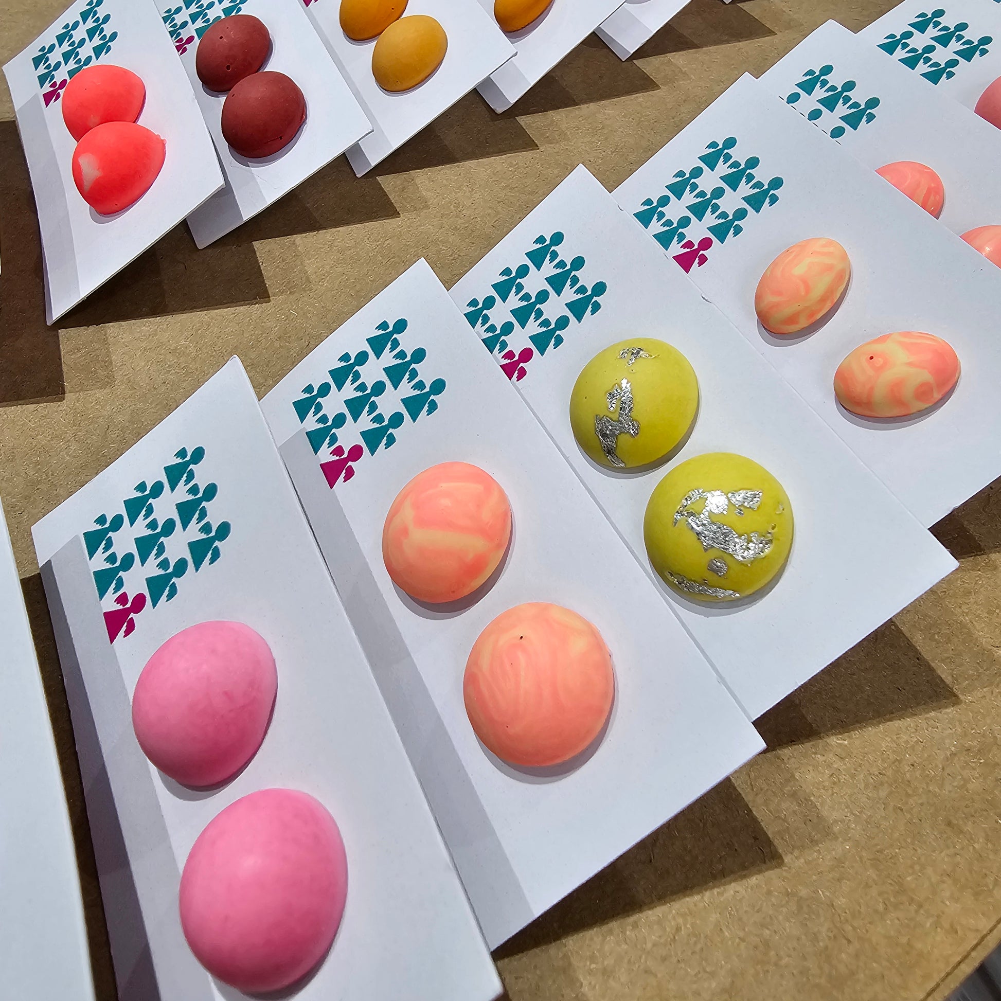 Nine Angels zero waste colourful Jesmonite stud earrings made from reused leftovers with stainless steel posts.