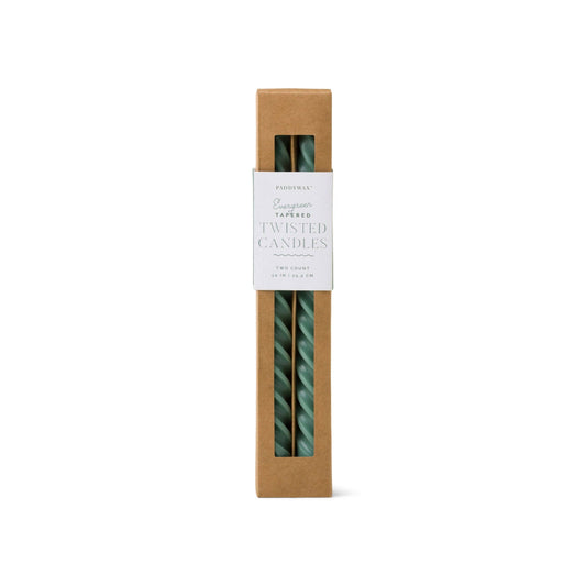 Paddywax Cypress & Fir green twisted taper candles, set of two, ideal for Christmas tables, gifting and year-round home styling.