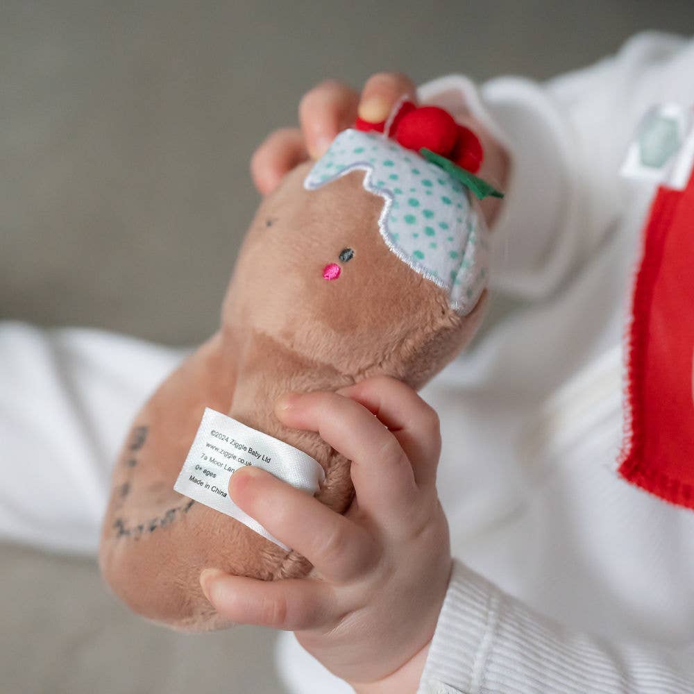 Baby holding a Christmas pudding plush 1st Christmas baby rattle