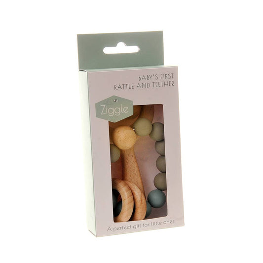 Ziggle natural beech wood baby teether with soft BPA free silicone beads in Blue Grey for soothing teething gums.
