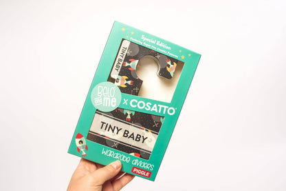 Box of 16 wardrobe dividers featuring bright, fun Cosatto patterns like foxes, dinosaurs, and aliens, labelled with baby sizes.