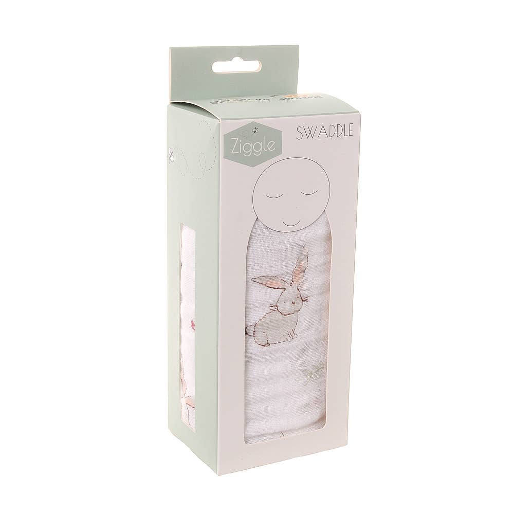 Boxed Ziggle baby swaddle with a bunny design