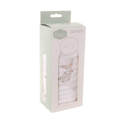 Boxed Ziggle baby swaddle with a bunny design