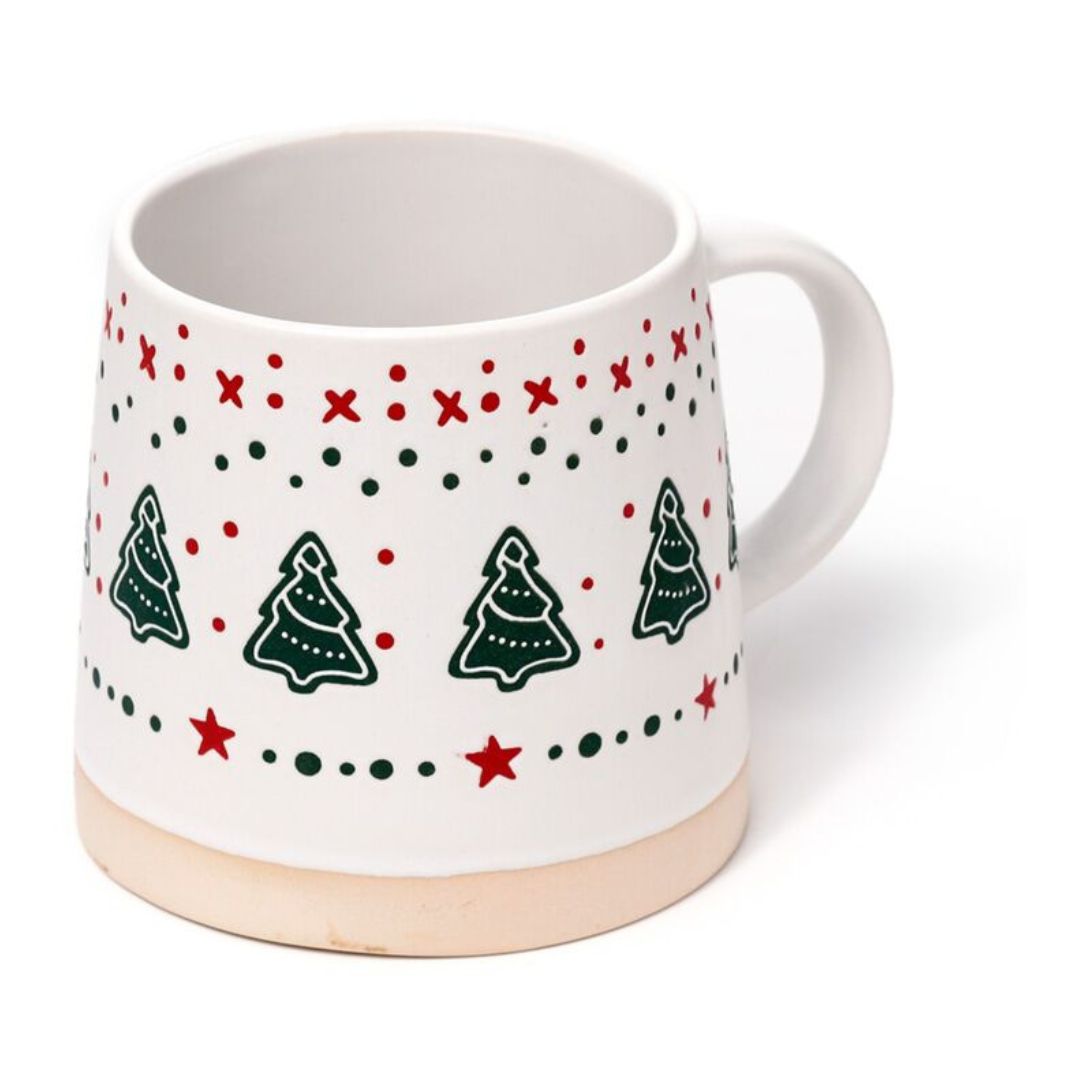A stoneware Christmas mug with a tapered design and a Christmas tree illustration