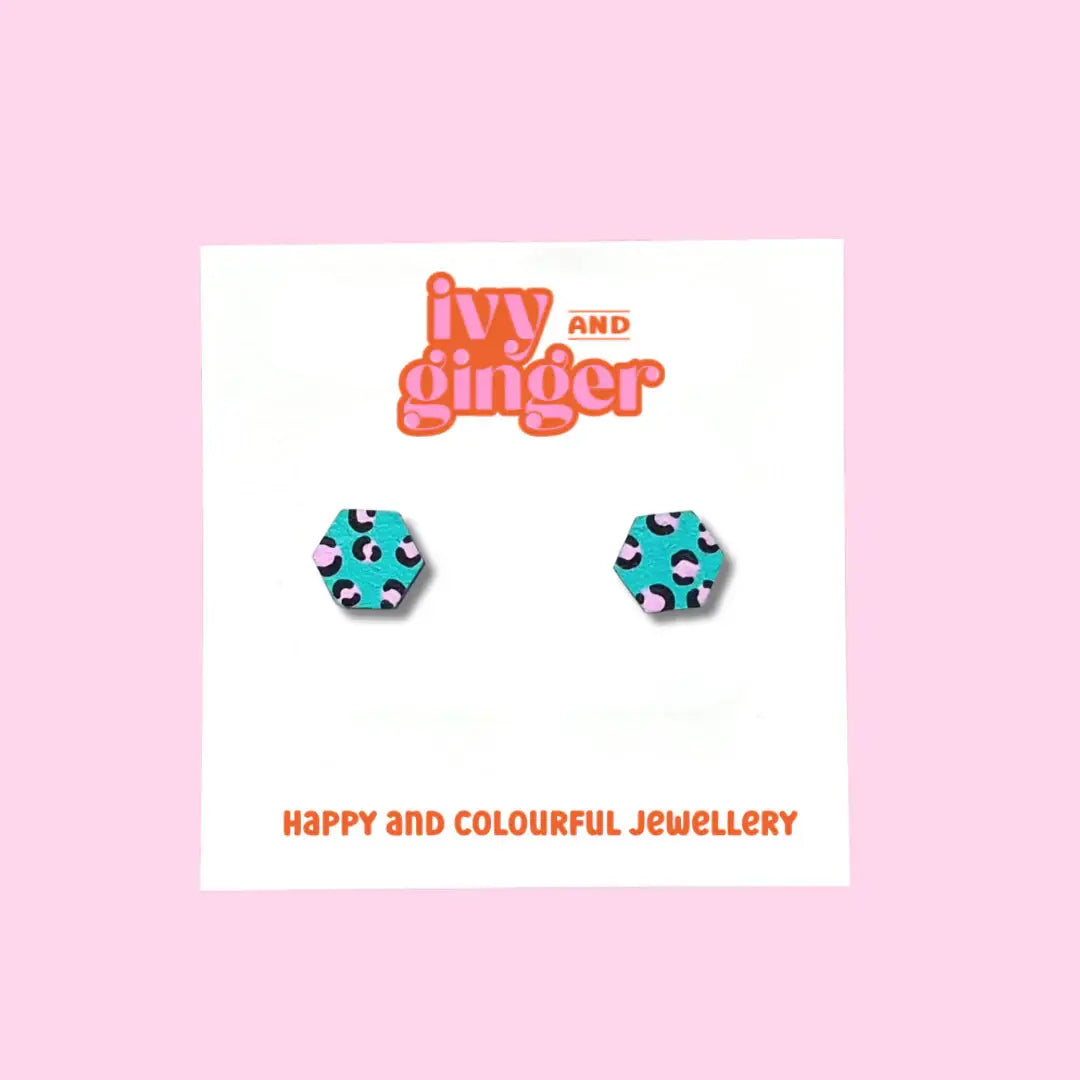 Hand painted green and pink hexagon stud earrings made from FSC wood with surgical steel posts, 10mm in size, lightweight and gift-ready.