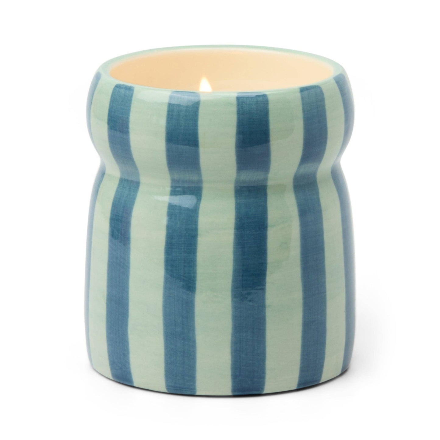 Ceramic candle in striped, hand-painted pot with lid, blue/navy, featuring festive warm cider scent.