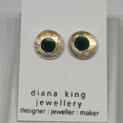 Sterling silver 2-in-1 green enamel stud earrings with removable domed backs, handmade in Scotland