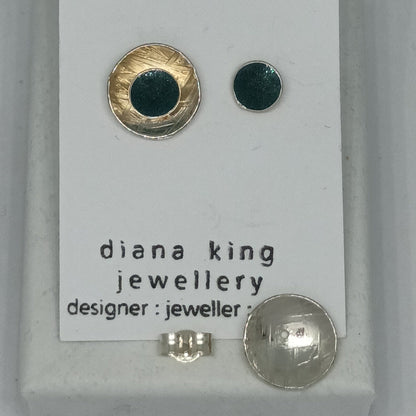 Sterling silver 2-in-1 green enamel stud earrings with removable domed backs, handmade in Scotland