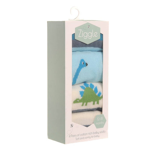 Cotton baby socks with dinosaur design, anti-slip soles and ribbed cuffs in Ziggle gift box