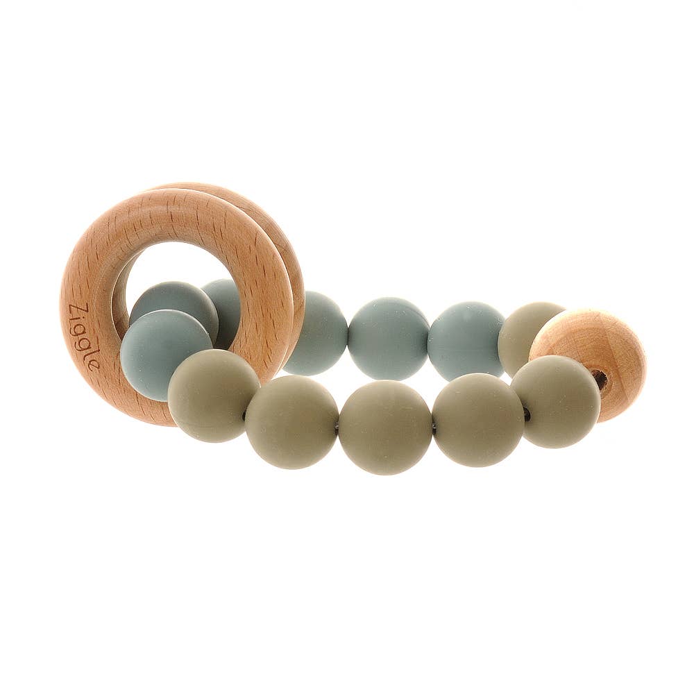 Ziggle natural beech wood baby teether with soft BPA free silicone beads in Blue Grey for soothing teething gums.