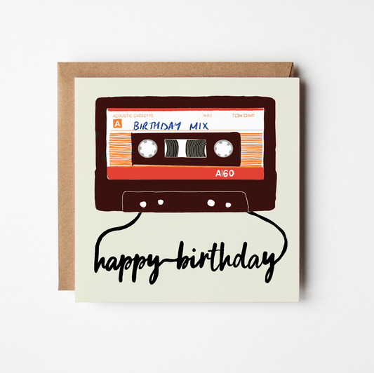 Birthday Mixtape card with quirky retro cassette tape illustration by Design Smith on square 15cm card