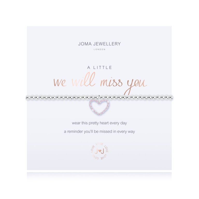 A silver-plated brass bracelet with a heart-shaped charm that reads 'A LITTLE 'WE WILL MISS YOU' on a white background. The brand Joma Jewellery is visible at the top.