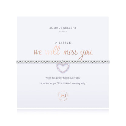 A silver-plated brass bracelet with a heart-shaped charm that reads 'A LITTLE 'WE WILL MISS YOU' on a white background. The brand Joma Jewellery is visible at the top.