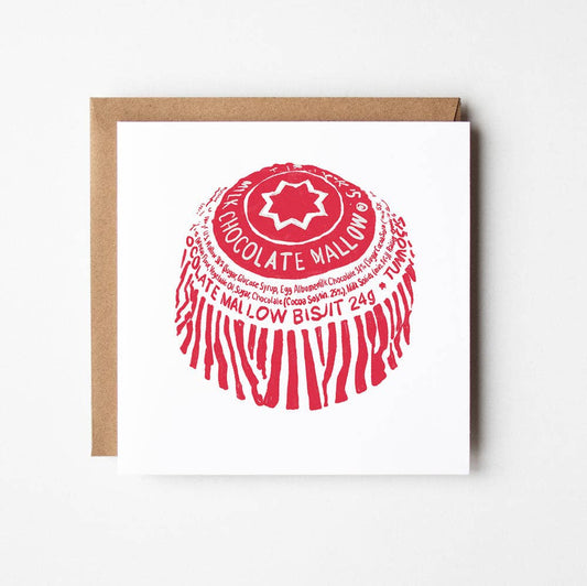 Tunnock’s Teacake greeting card with hand-drawn red foil wrapper illustration by Design Smith