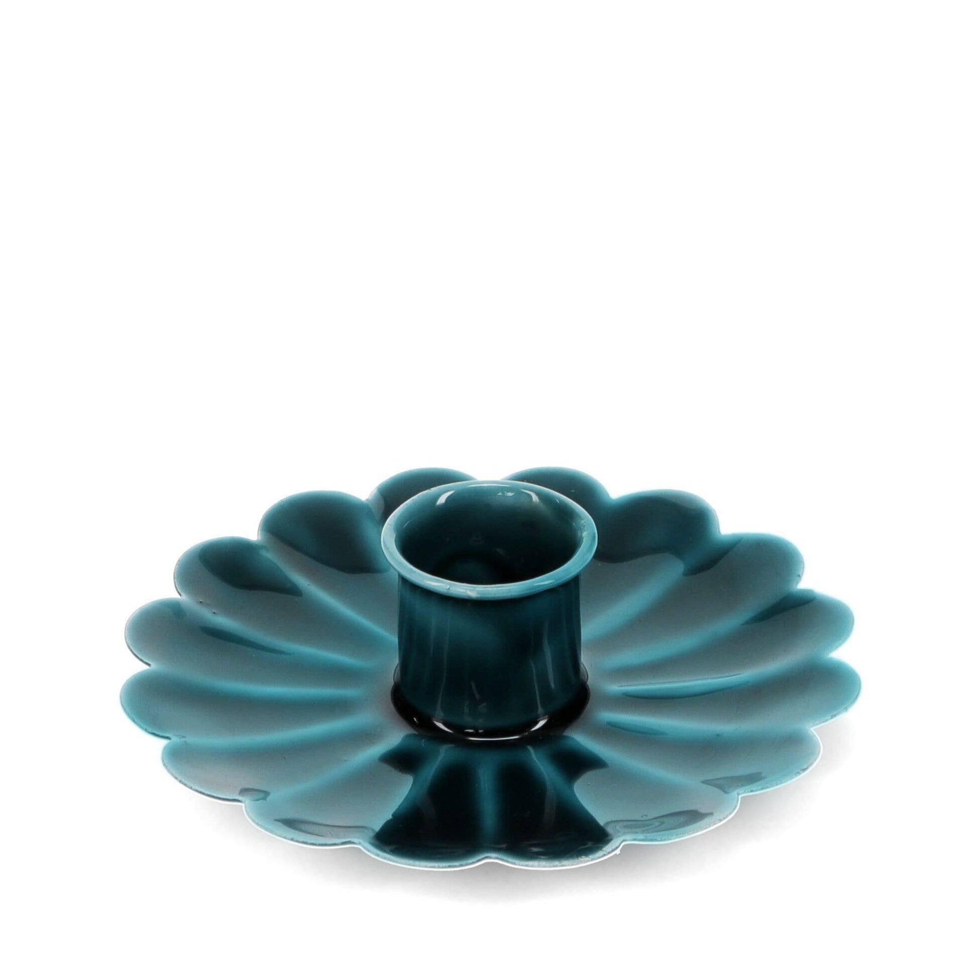 Teal Blue enamel cast metal candle holder with flat flower-shaped pan and foam-padded base
