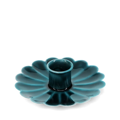 Teal Blue enamel cast metal candle holder with flat flower-shaped pan and foam-padded base