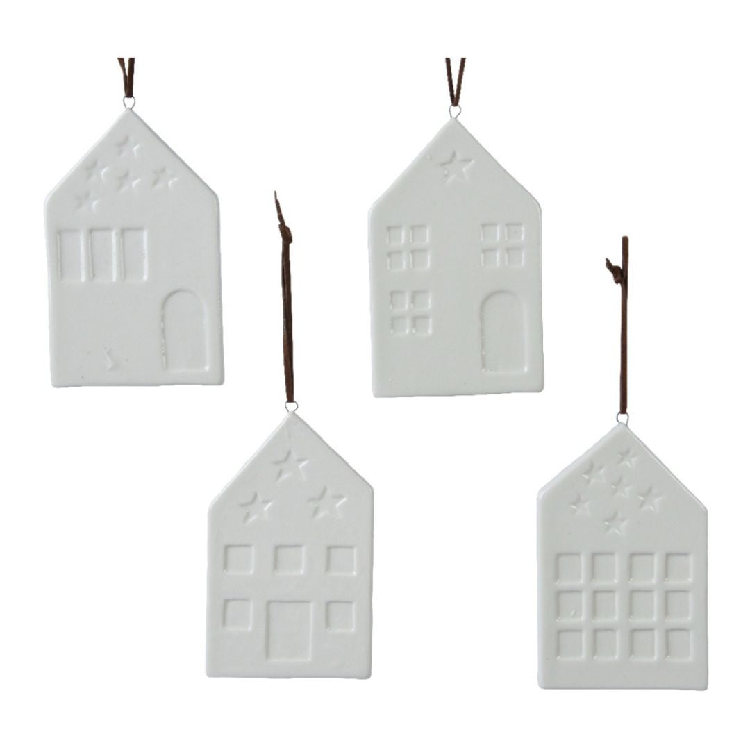 Porcelain house-shaped Christmas tree decoration, 11cm, assorted hanging designs