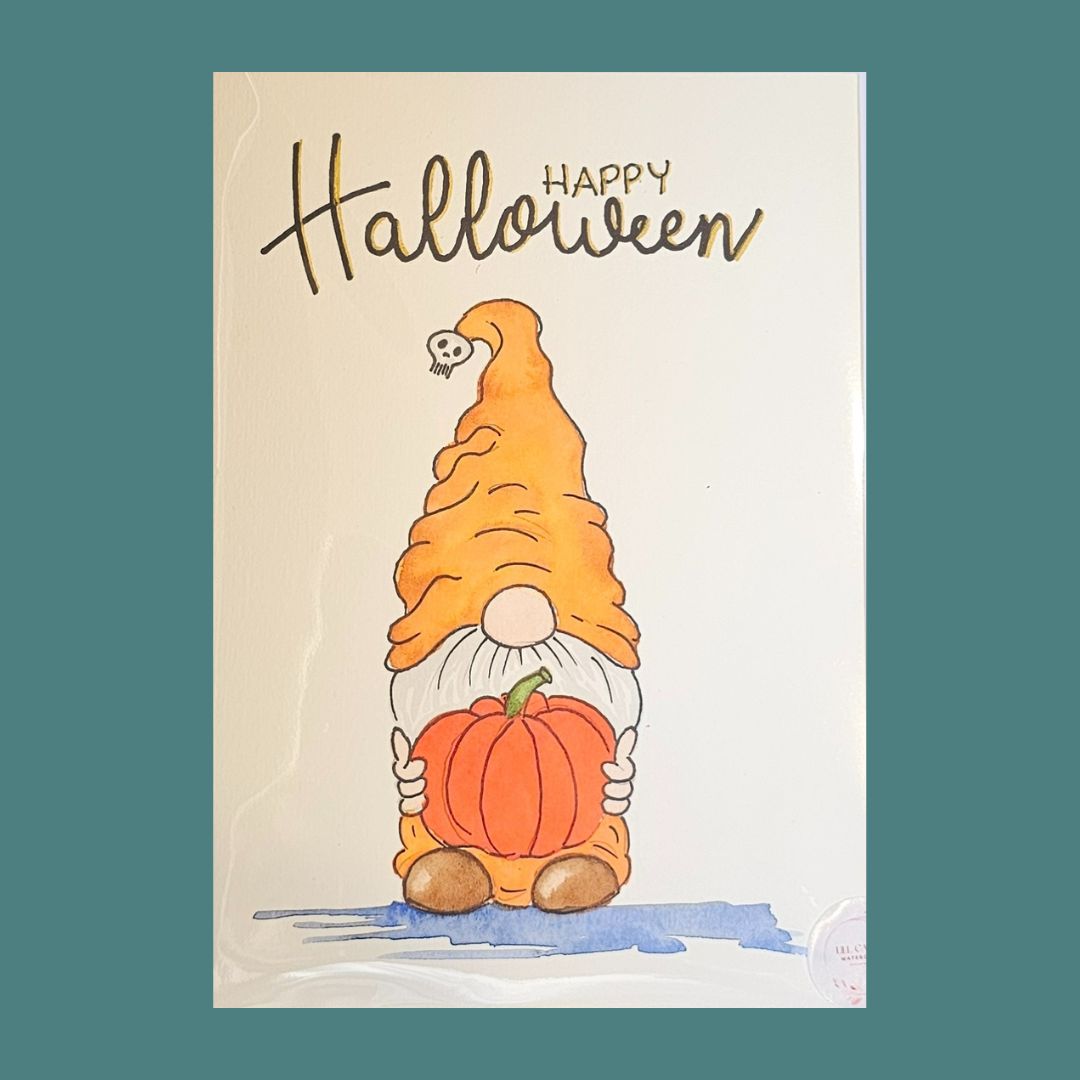 Hand-painted A5 Happy Halloween card by Lill Casas with watercolour and ink Pumpkin Gonk details.