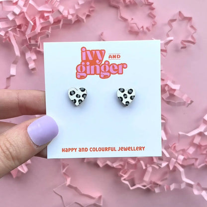 MINI LEOPARD PRINT WHITE & GREY HEART STUDS