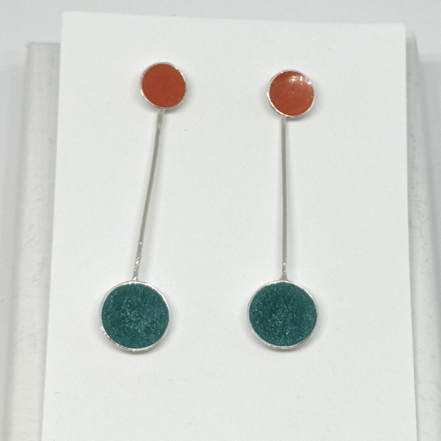 Sterling silver 3-in-1 fire and green enamel stud earrings with removable drops, handmade in Scotland