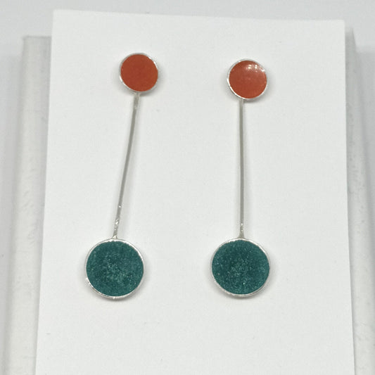 Sterling silver 3-in-1 fire and green enamel stud earrings with removable drops, handmade in Scotland