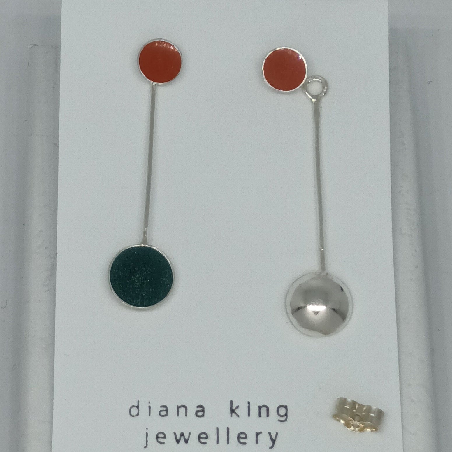 Sterling silver 3-in-1 fire and green enamel stud earrings with removable drops, handmade in Scotland