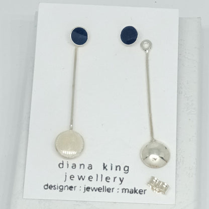 Sterling silver 3-in-1 navy and white enamel stud earrings with removable drops, handmade in Scotland