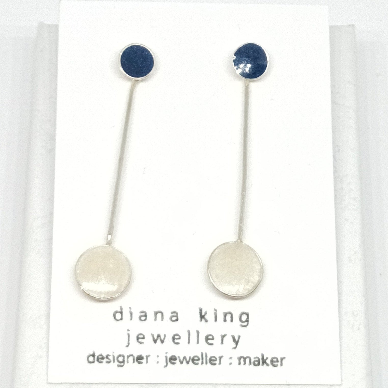 Sterling silver 3-in-1 navy and white enamel stud earrings with removable drops, handmade in Scotland