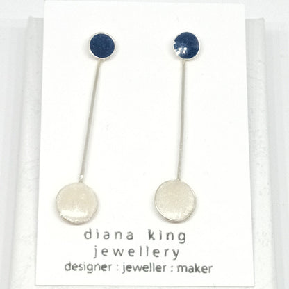 Sterling silver 3-in-1 navy and white enamel stud earrings with removable drops, handmade in Scotland