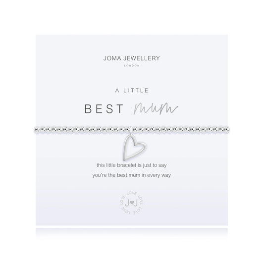 A silver bracelet with a heart-shaped charm that reads 'A LITTLE 'BEST MUM' in a clear, bold font, on a white background. The bracelet is presented on a card with 'Joma Jewellery' branding.
