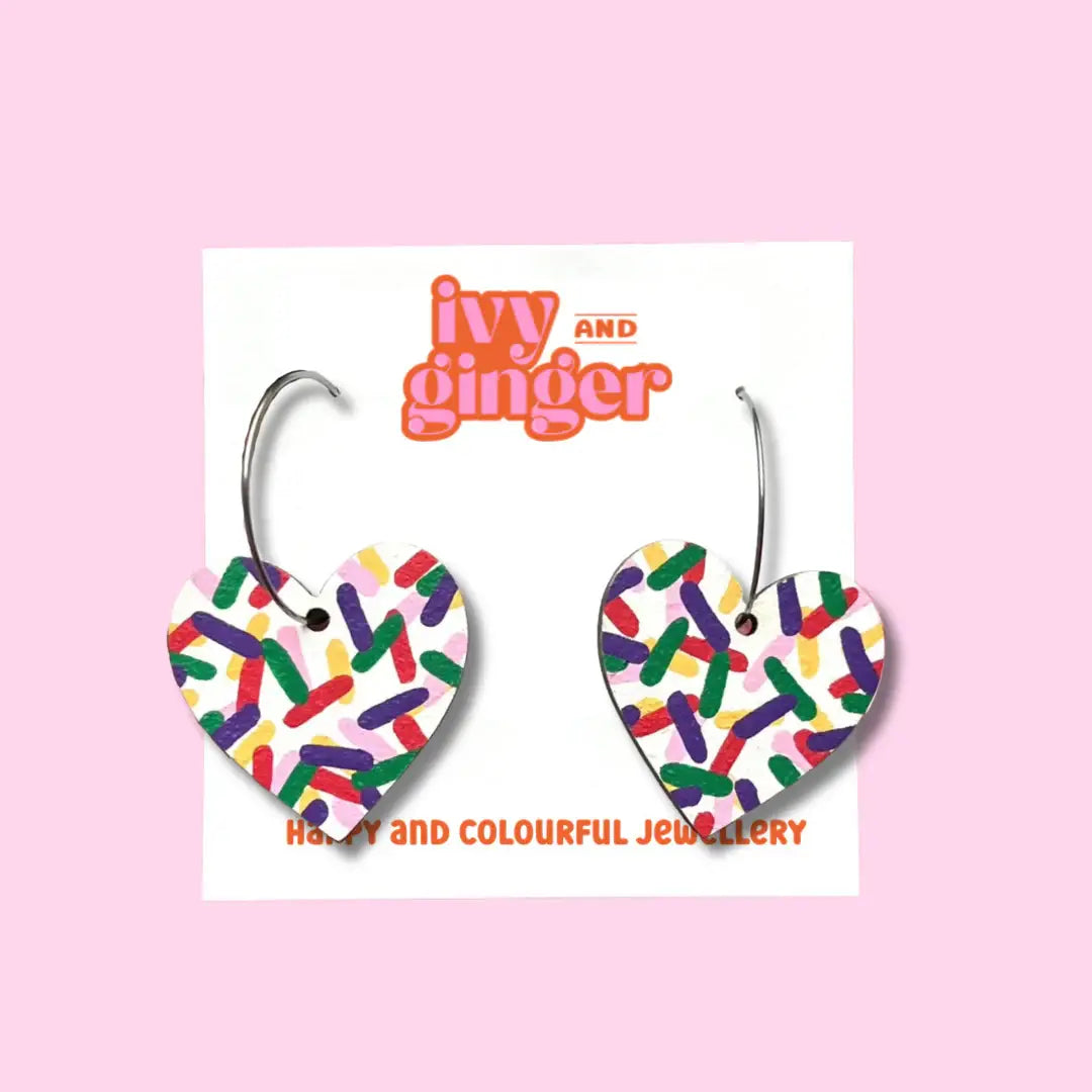 Hand-painted confetti wooden earrings, FSC certified, 30mm drop, colourful design, surgical steel hoops for sensitive ears.