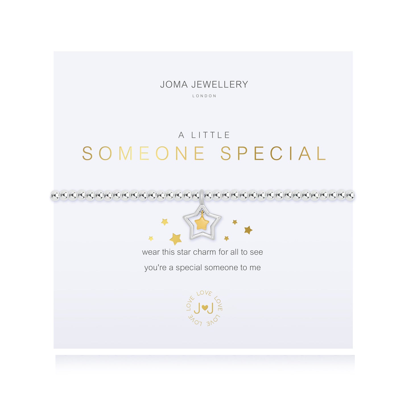 A silver bracelet packaged with the text 'A LITTLE SOMEONE SPECIAL' and star charms